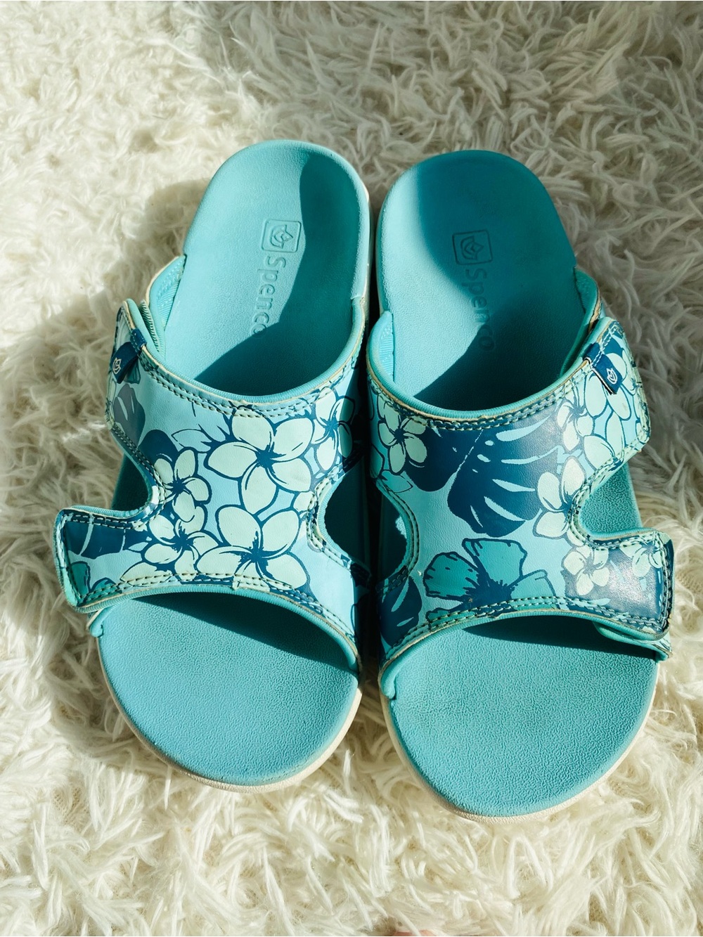 Spenco Adjustable Comfort Sandals Blue Tropical Floral Hook & Loop Woman’s 8 - Picture 2 of 12